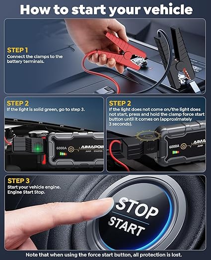AIMAPOW Portable Car Battery Jump Starter 6000A 20000mAh Jump Box, Car Jumper Starter Portable Jumper Cables for car(AllL Gas/10L Diesel), Fast Charge, Lights, Compact