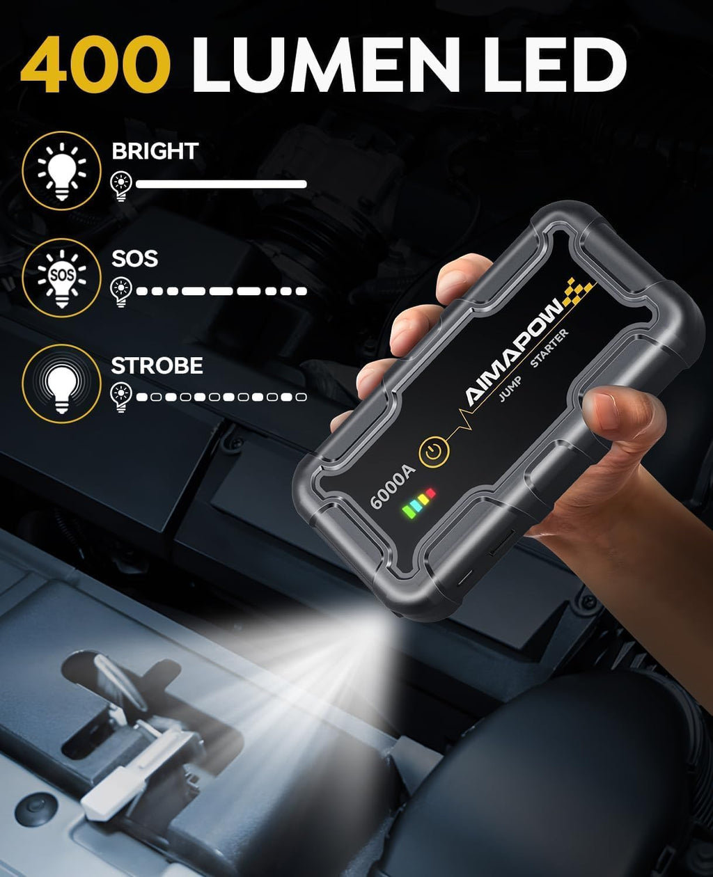 AIMAPOW Portable Car Battery Jump Starter 6000A 20000mAh Jump Box, Car Jumper Starter Portable Jumper Cables for car(AllL Gas/10L Diesel), Fast Charge, Lights, Compact