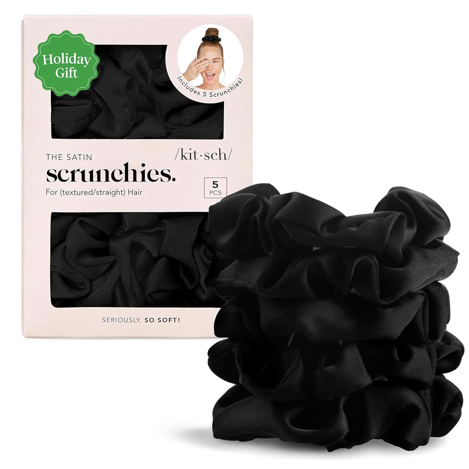 Kitsch Satin Scrunchies for Women – No Crease Hair Ties – Soft Satin Hair Scrunchies for Girls – Frizz Free, Gentle, Stylish Hair Accessories | Ideal Gifts for Women – Black, 5 pcs